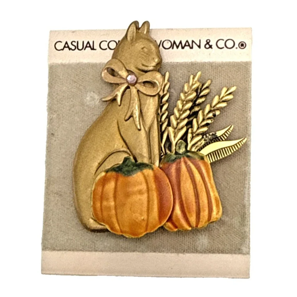 NWT Vintage 1990s Fall Autumn Cat & Pumpkins Brooch 2.5